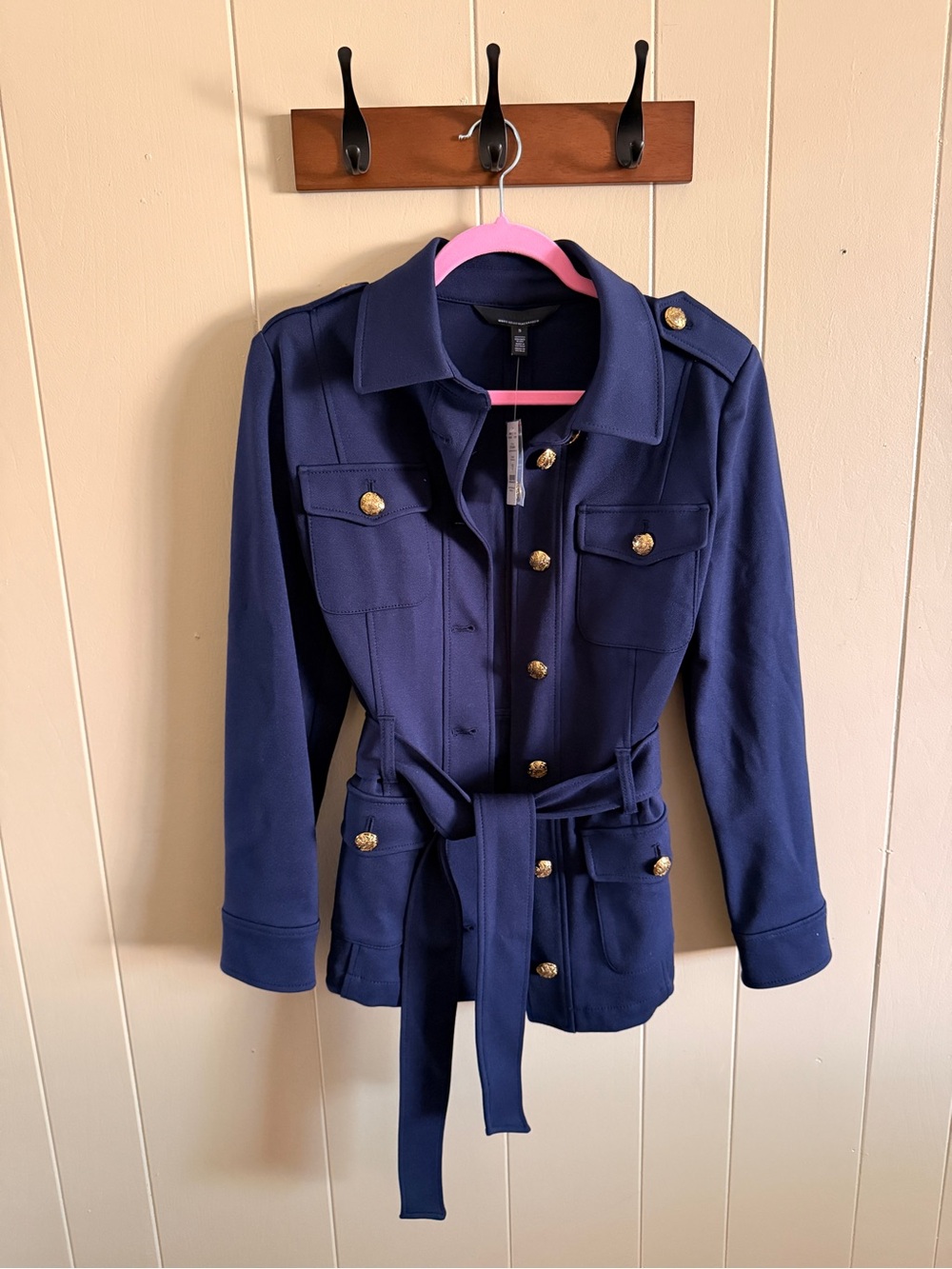 White House Black Market Navy Utility Jacket with Belt and Gold Buttons